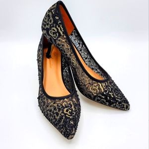 L Lorraine Sexy Black Lace/ Black Rhinestones Dress Heels